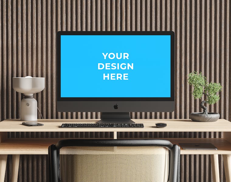 Download Free iMac on the wooden desk Mockup generator | Smartmockups