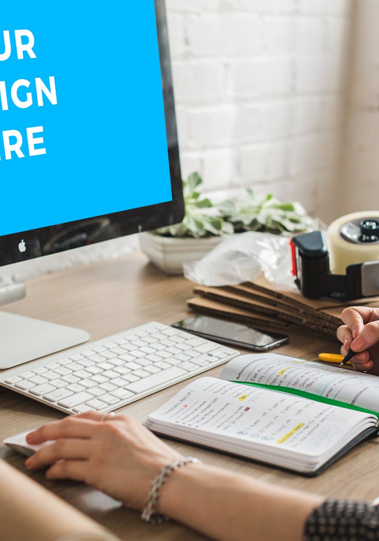 Download Free iMac on the wooden desk Mockup generator | Smartmockups