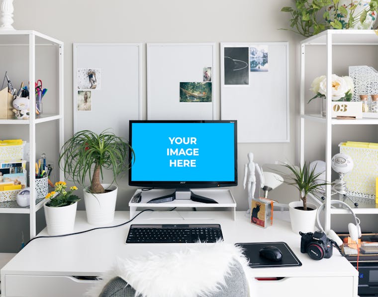 Download Free Desktop on the white desk Mockup generator | Smartmockups
